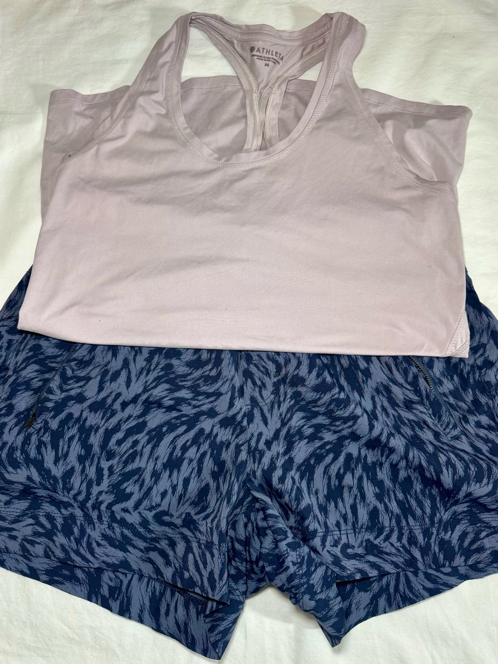 Athleta Light Lavender Racerback Tank with Navy Patterned Shorts